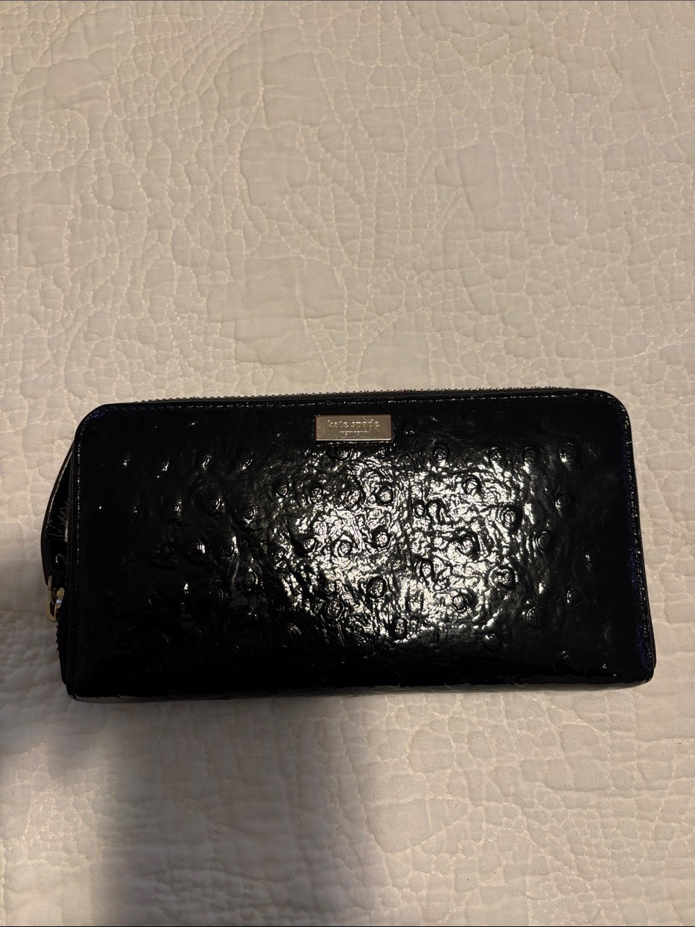 kate spade Black Gloss Patent Zip Wallet with Logo Plaque